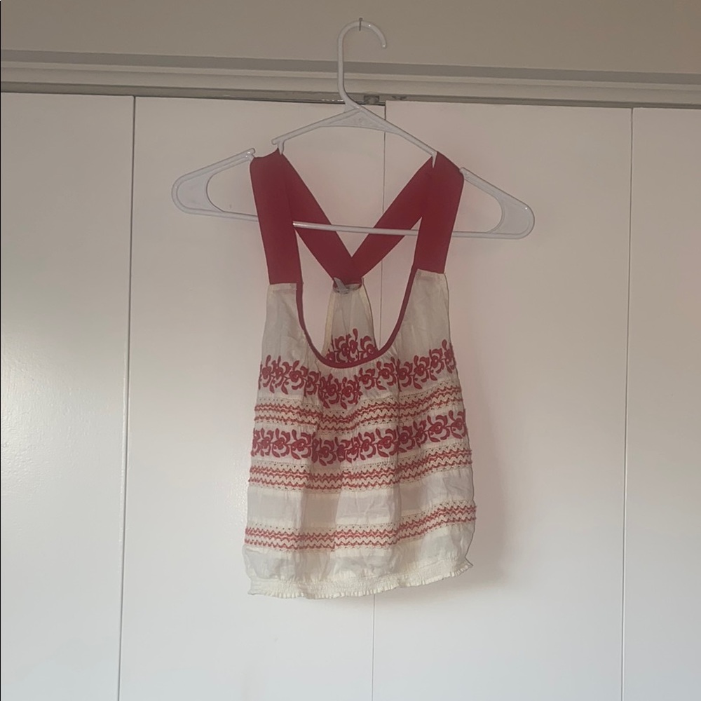 Ecote Red and White Embroidered Tank Top